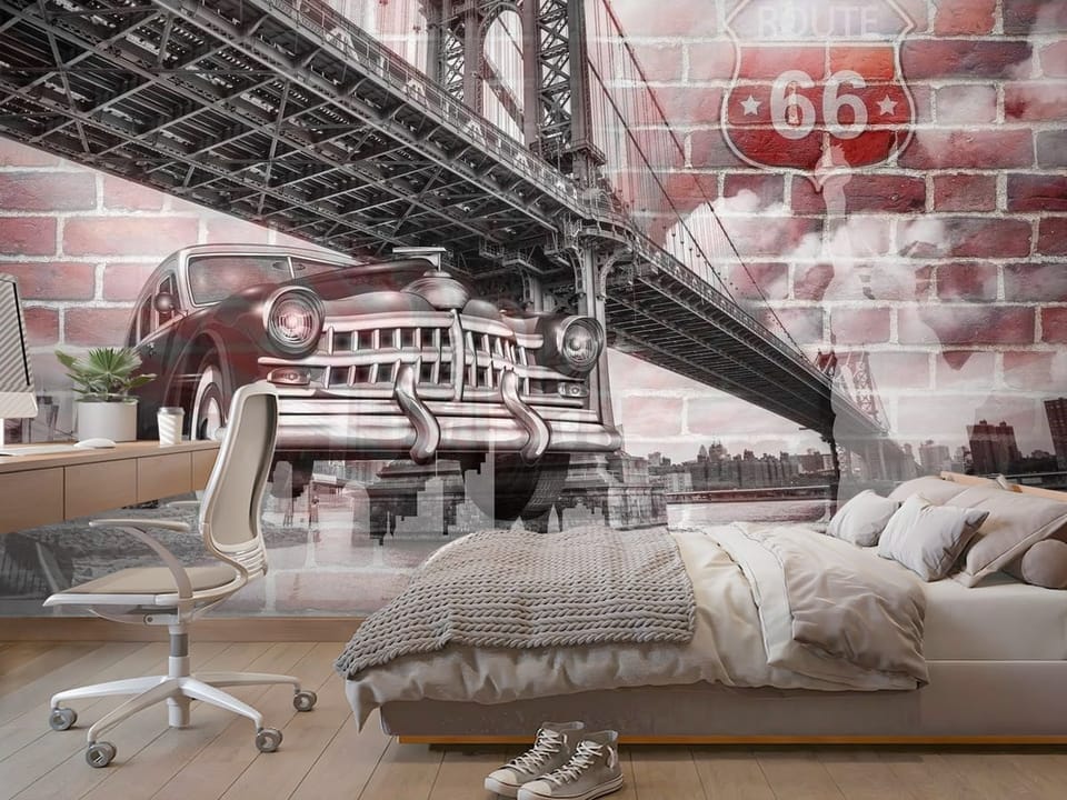 Fototapeta z mostem, klasycznym samochodem i znakiem Route 66 na tle ceglanej ściany - aranżacja dużego pokoju nastolatka