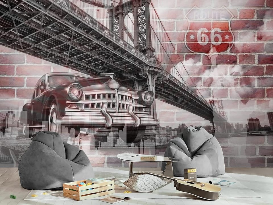 Fototapeta z mostem, klasycznym samochodem i znakiem Route 66 na tle ceglanej ściany - inspiracja do pokoju nastolatka