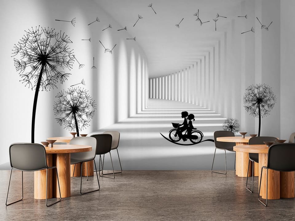 Fototapeta z parą na rowerze w tunelu 3D z dmuchawcami i nasionami - aranżacja w przytulnej kawiarni