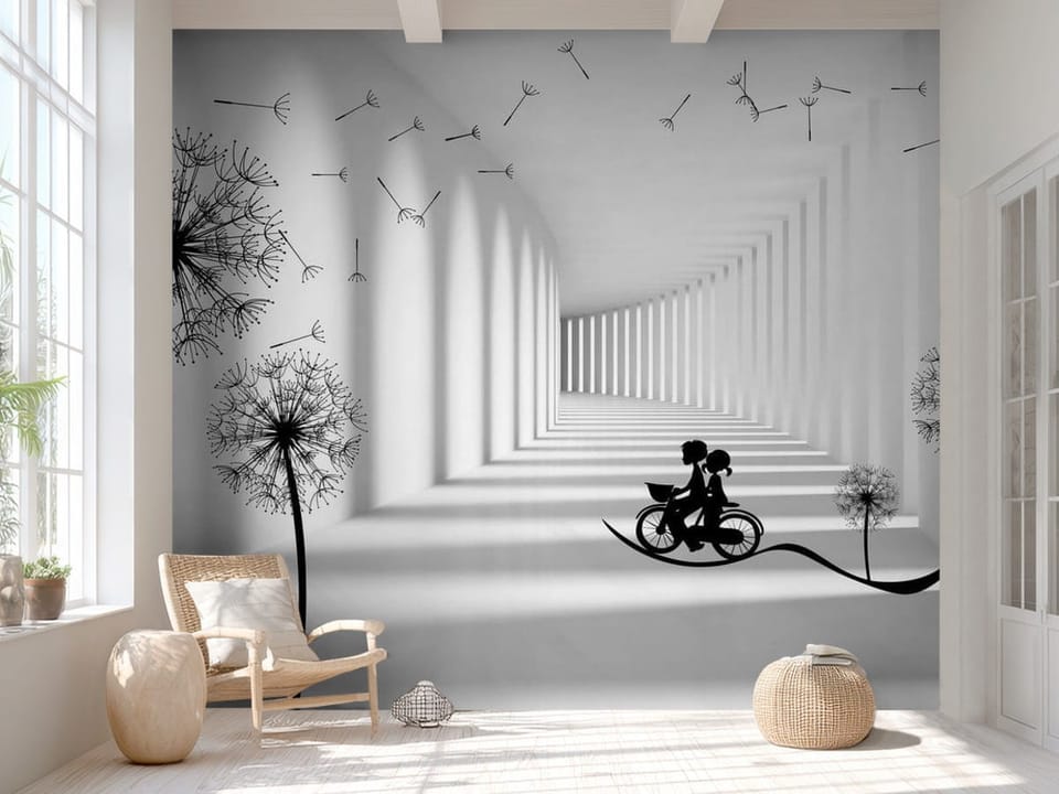 Fototapeta z parą na rowerze w tunelu 3D z dmuchawcami i nasionami - aranżacja minimalistycznego przedpokoju