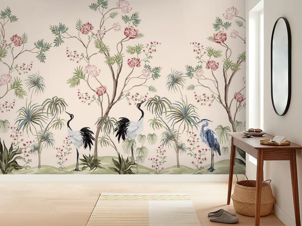 Fototapeta z trzema ptakami wśród kwitnących drzew z różowymi kwiatami - inspiracji do minimalistycznego przedpokoju