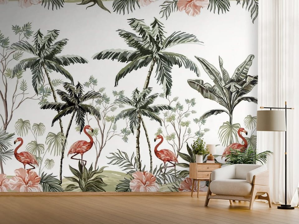 Fototapeta z palmami, flamingami i kwiatami hibiskusa w dżungli - jasny przedpokój w stylu minimalistycznym