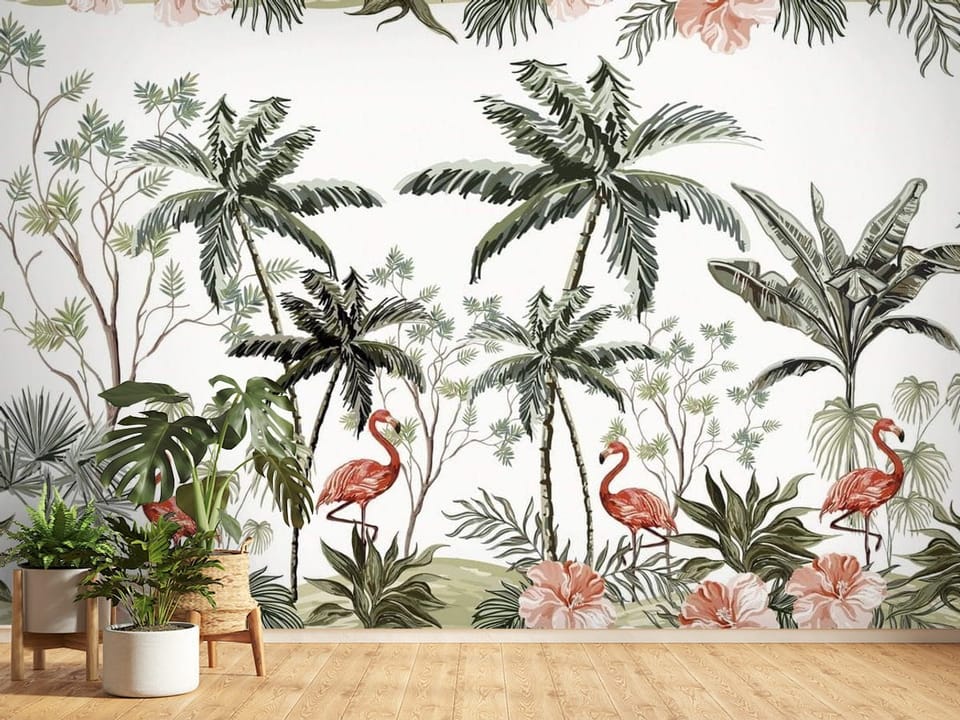Fototapeta z palmami, flamingami i kwiatami hibiskusa w dżungli - ściana w jasnym przedpokoju