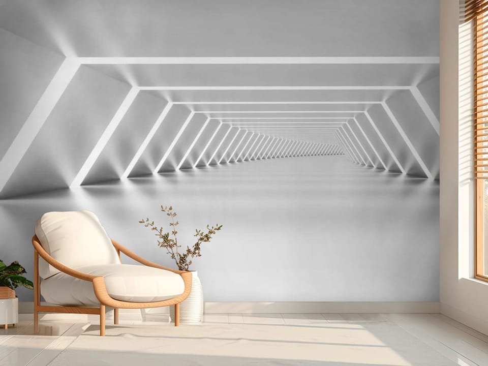 Fototapeta z nowoczesnym tunelem LED, geometryczne ściany i gładka podłoga - aranżacja przytulnego przedpokoju