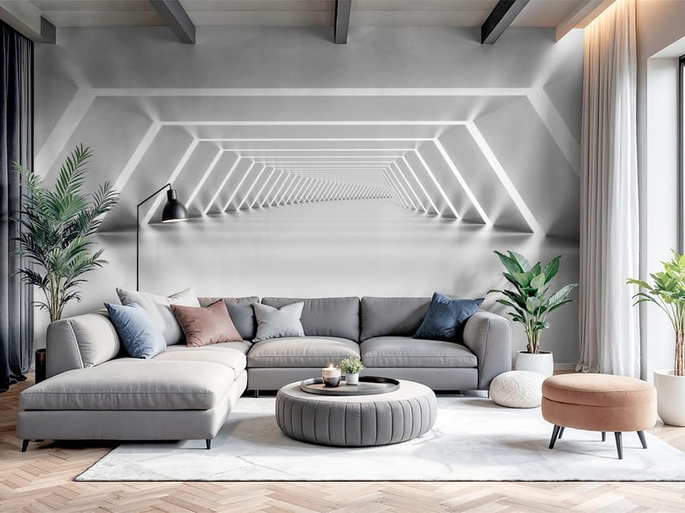 Fototapeta z nowoczesnym tunelem LED, geometryczne ściany i gładka podłoga - nowoczesny salon z dużą przestrzenią