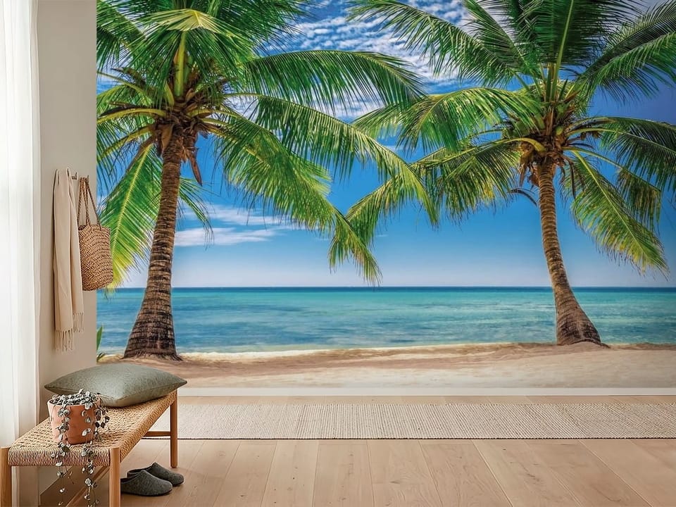 Fototapeta z dwiema palmami na piaszczystej plaży z turkusowym morzem - widok na ścianę w przytulnym przedpokoju