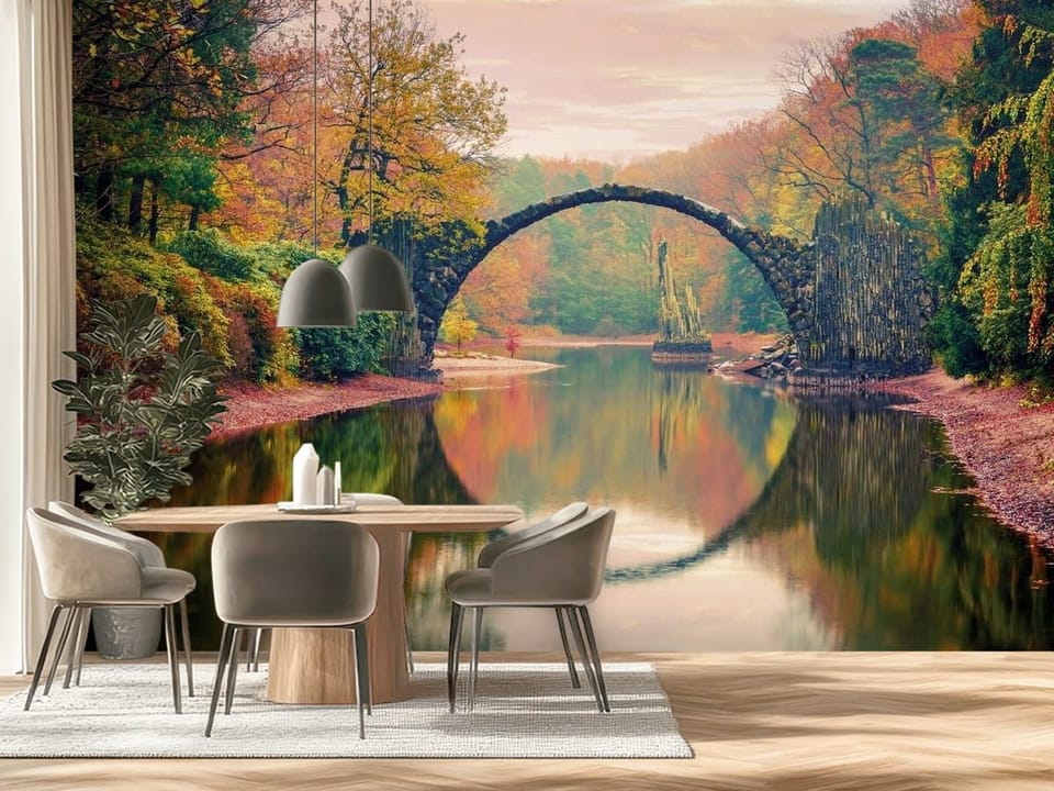 Fototapeta z kamiennym mostem nad wodą i jesiennym krajobrazem - ściana za stołem w nowoczesnej kuchni
