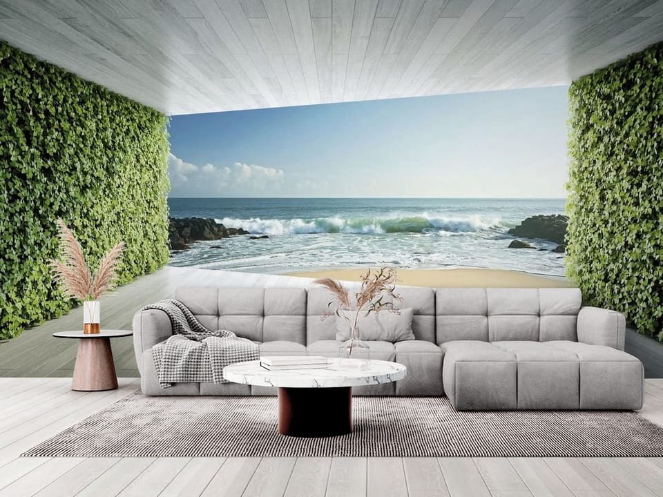 Fototapeta z widokiem na ocean przez otwarte pomieszczenie z drewnianą podłogą i zielonymi ścianami. - elegancki salon w stylu minimalistycznym