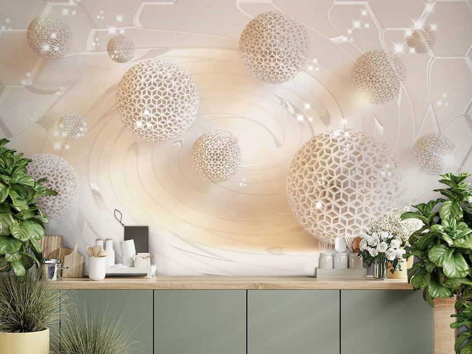 Fototapeta z geometrycznymi kulami i spiralnym tłem na jasnym tle - aranżacja za blatem kuchennym