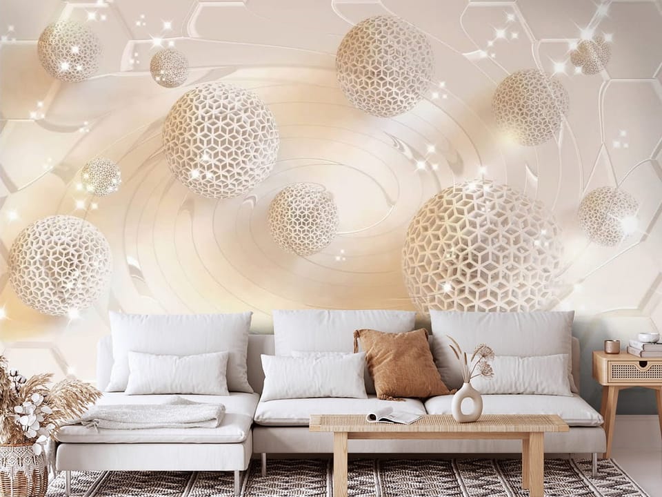 Fototapeta z geometrycznymi kulami i spiralnym tłem na jasnym tle - aranżacja głównej ściany w salonie