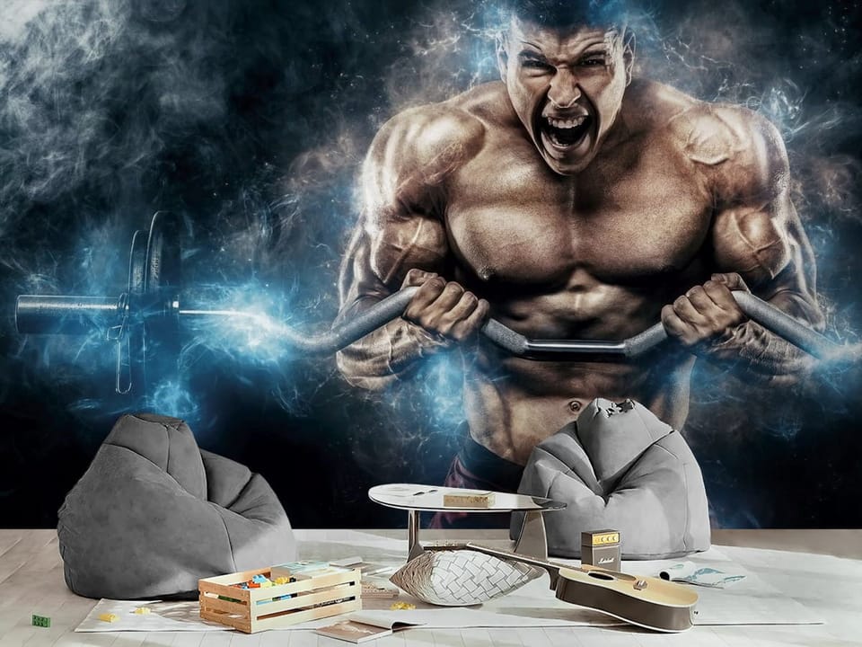 Fototapeta z muskularnym mężczyzną trzymającym hantle w otoczeniu dymu - inspiracja do pokoju nastolatka