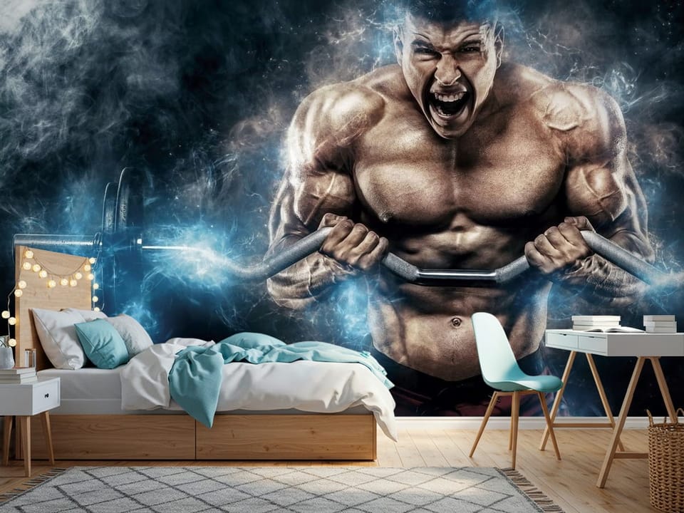Fototapeta z muskularnym mężczyzną trzymającym hantle w otoczeniu dymu - jasny pokój nastolatka