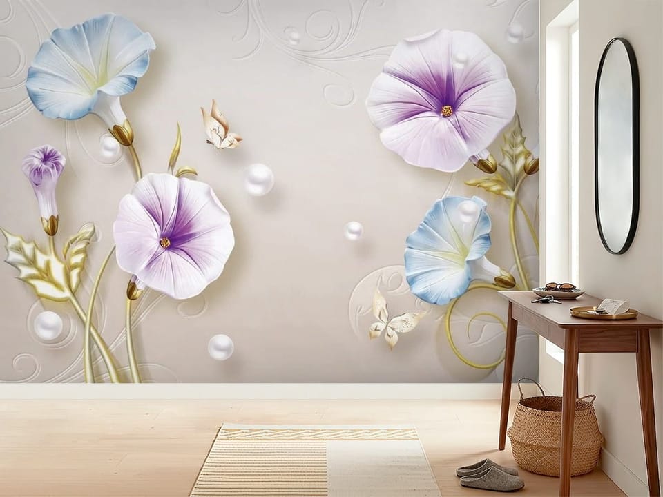 Fototapeta z dużymi kwiatami powoju i perłowymi kulami na jasnym tle - inspiracji do minimalistycznego przedpokoju