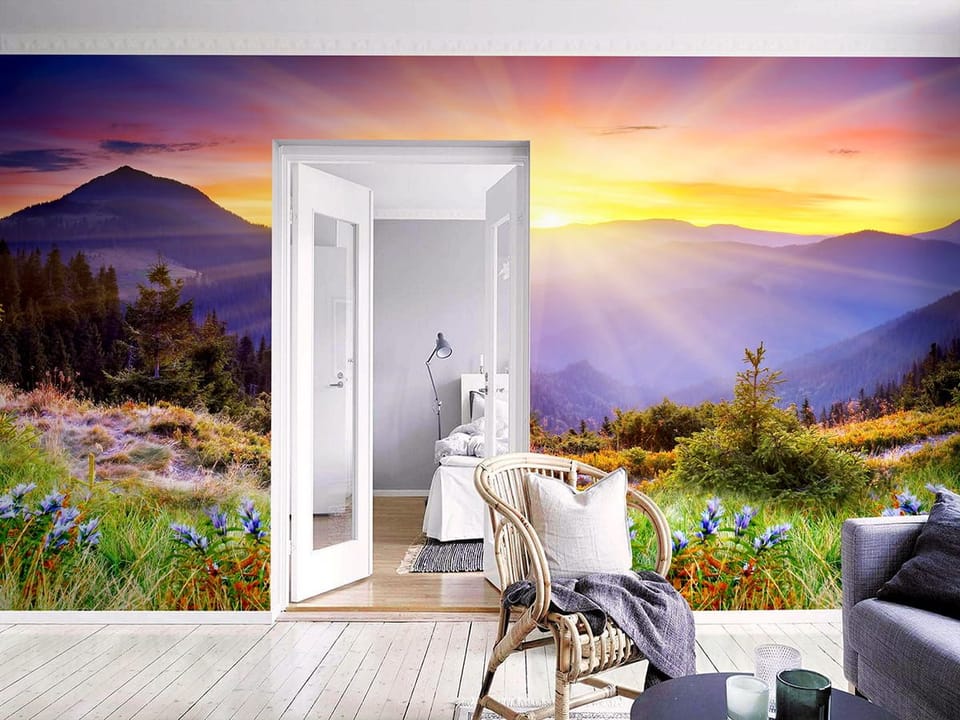 Fototapeta Górski krajobraz o wschodzie słońca we wnętrzu salonu