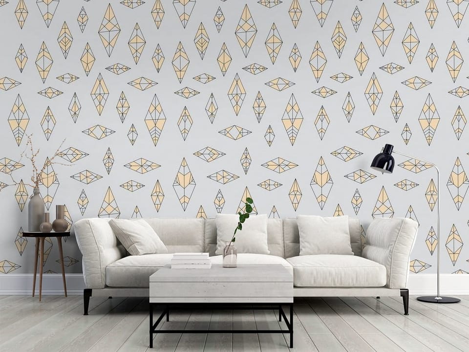 Fototapeta z geometrycznymi rombami na jasnym tle i czarnymi konturami - klasyczny salon w szarych kolorach