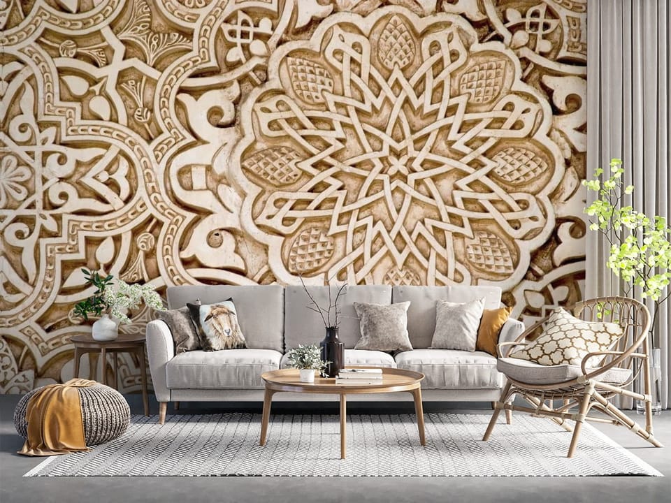 Fototapeta z detalem dekoracyjnym i ornamentem geometrycznym na jasnym tle - salon z naturalnymi dodatkami
