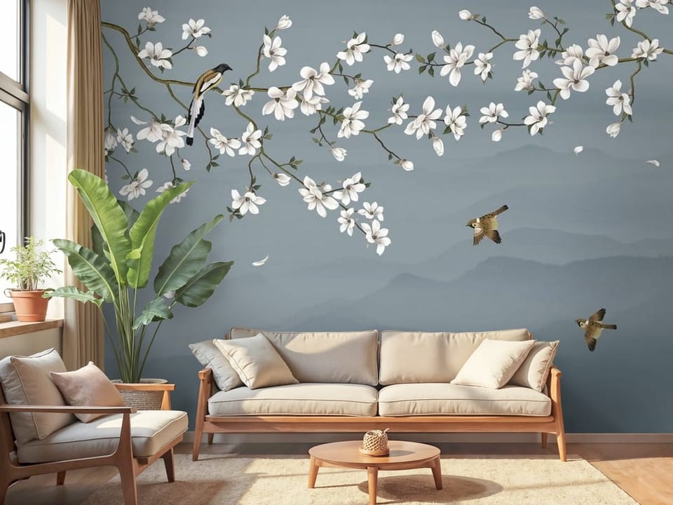 Fototapeta z gałęzią magnolii, górami i niebem w tle - piękna aranżacja w salonie