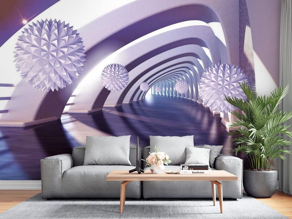 Fototapeta przedstawiająca geometryczne kule w futurystycznym korytarzu z łukowatymi ścianami. - salon z tradycyjnymi meblami w jasnych kolorach