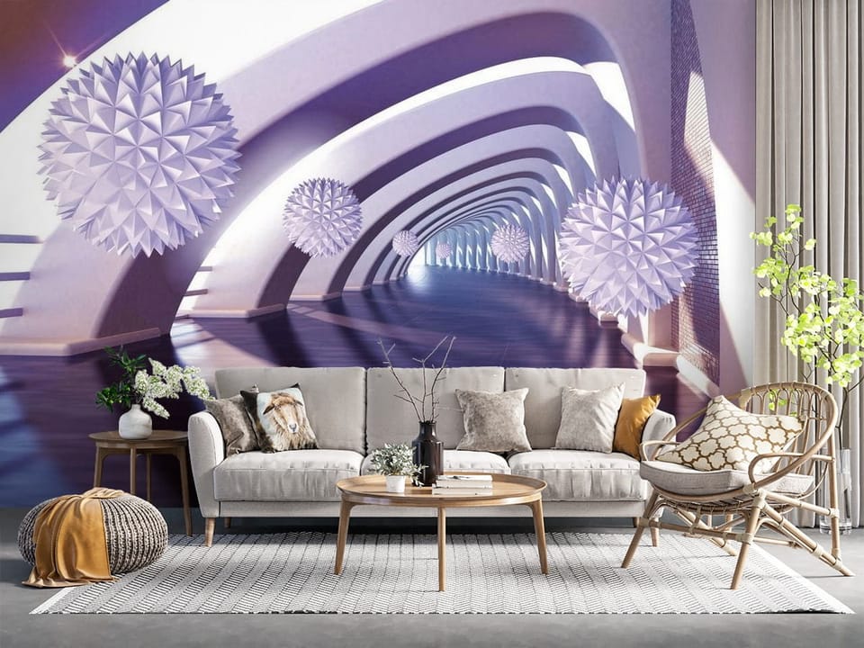 Fototapeta przedstawiająca geometryczne kule w futurystycznym korytarzu z łukowatymi ścianami. - salon z naturalnymi dodatkami
