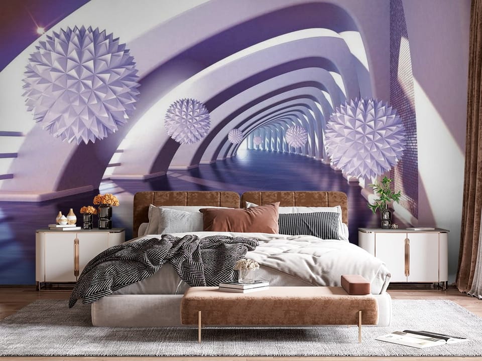 Fototapeta przedstawiająca geometryczne kule w futurystycznym korytarzu z łukowatymi ścianami. - aranżacja sypialni z naturalnym oświetleniem dziennym