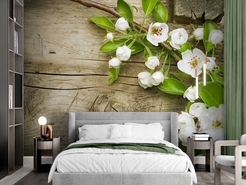 Fototapeta Gałązka z Kwiatami na Drewnie we wnętrzu sypialni