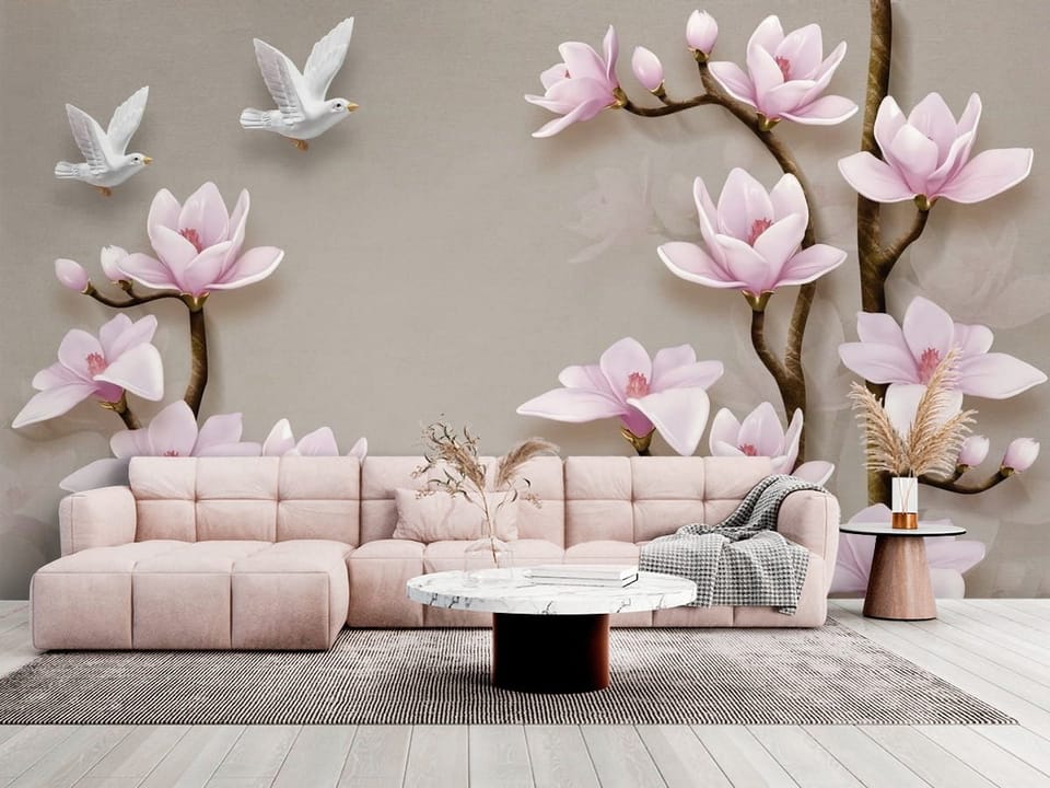 Fototapeta z gałązkami magnolii o różowych płatkach i dwa białe ptaki - salon w jasnych kolorach