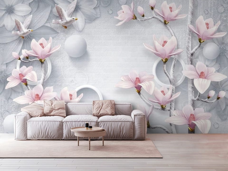 Fototapeta z magnoliami na gałęziach, białe okręgi i szare tło - aranżacja przytulnego salonu w jasnych kolorach