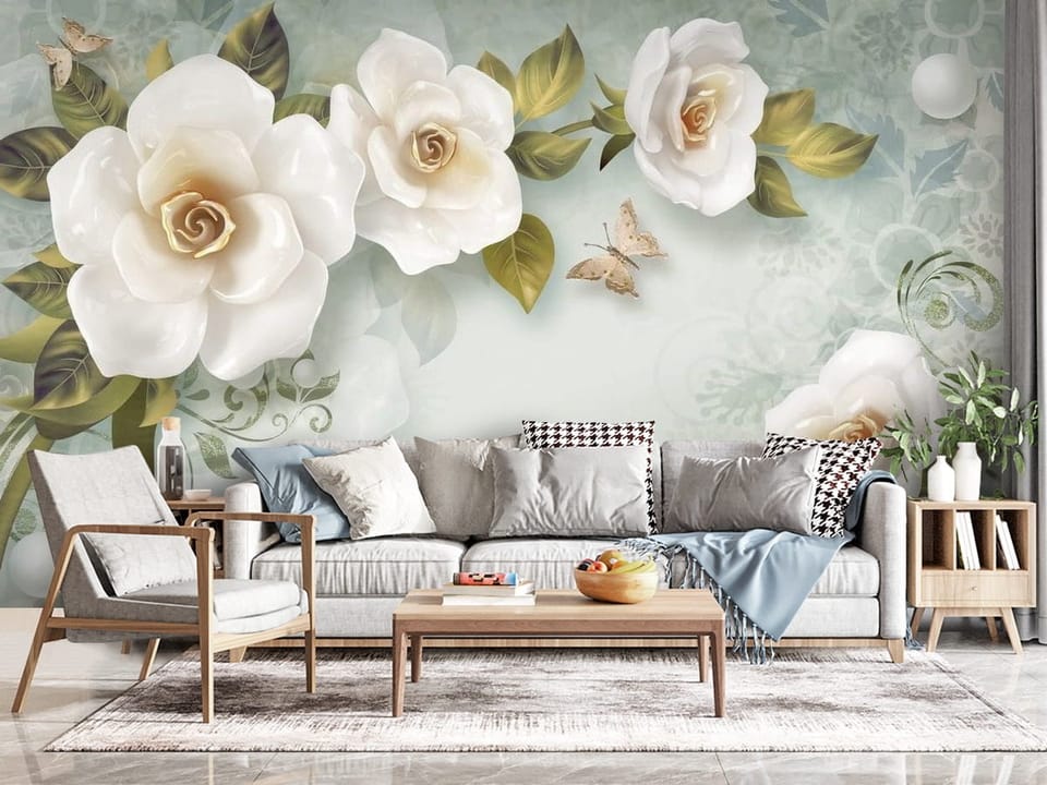 Fototapeta z dużymi białymi różami i zielonymi liśćmi na pastelowym tle - kompozycja ściany w przytulnym salonie