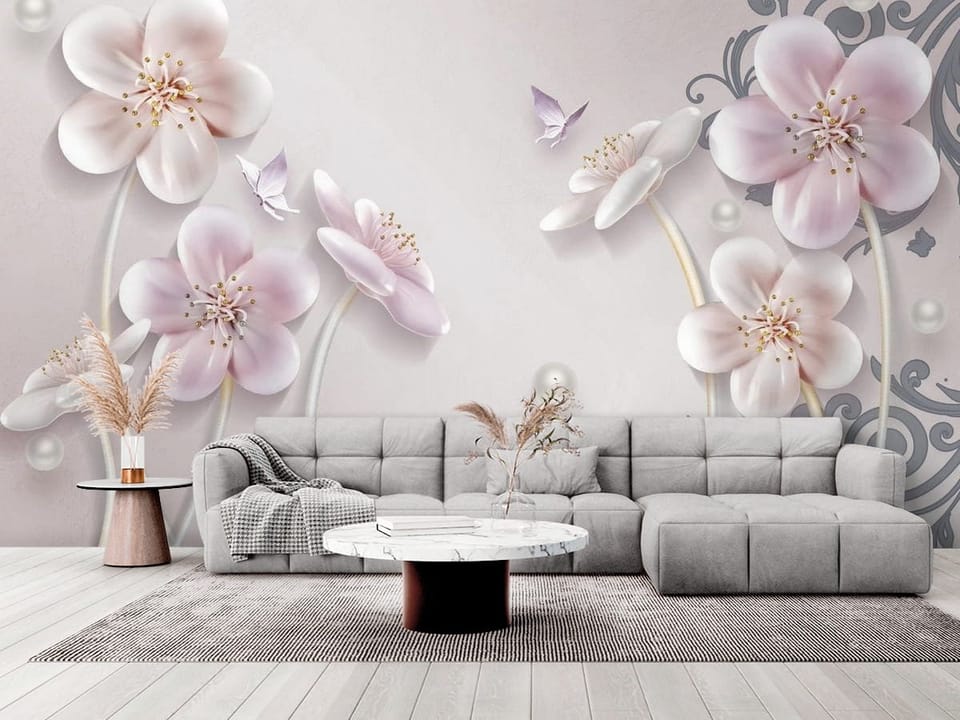 Fototapeta z dużymi kwiatami na łodygach i jasnym tle z dekoracyjnymi wzorami - elegancki salon w stylu minimalistycznym