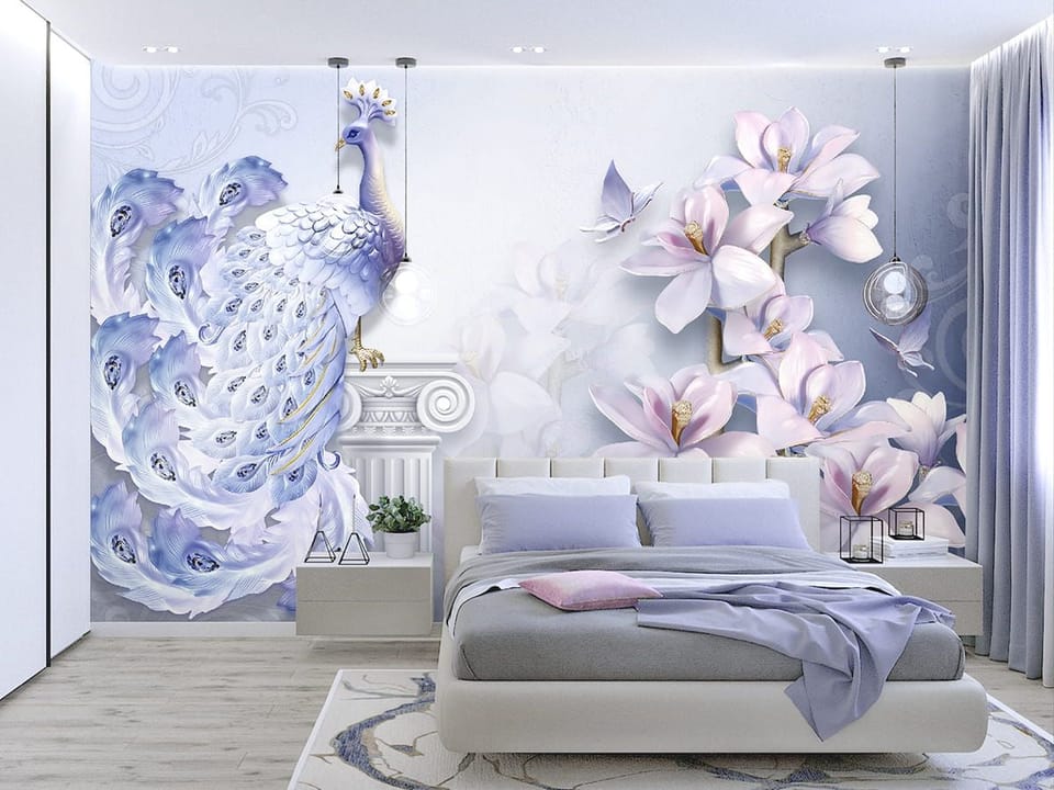 Fototapeta Paw na kolumnie z magnoliami - aranżacja w sypialni