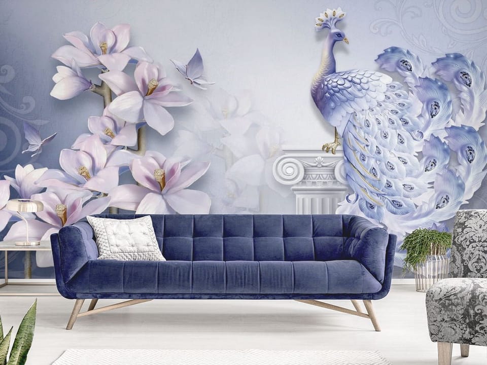 Fototapeta Paw na kolumnie z magnoliami - aranżacja w salonie