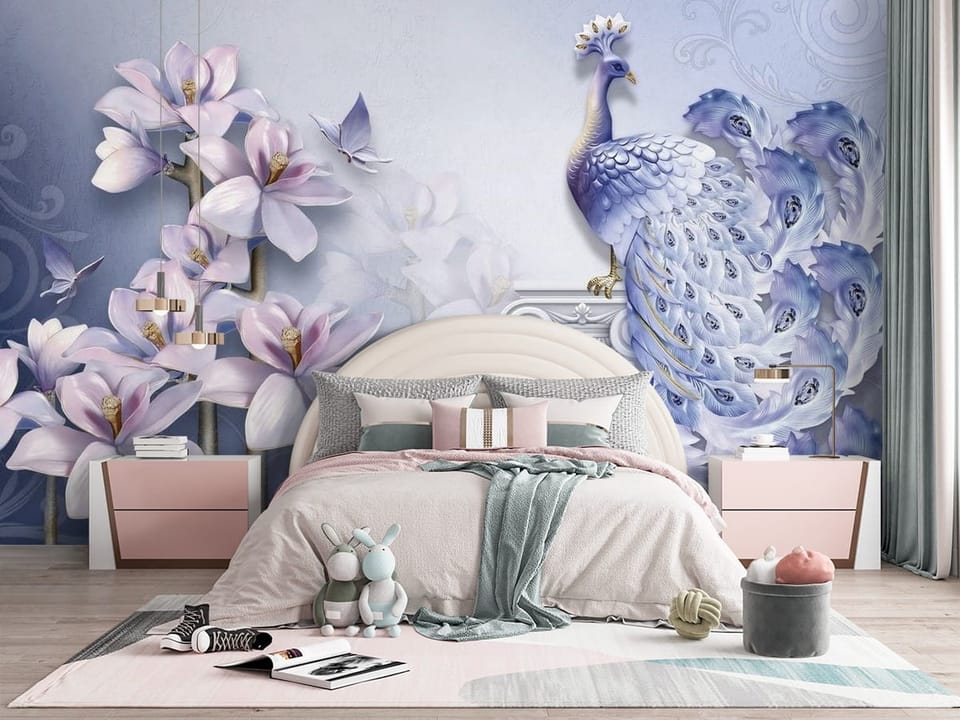 Fototapeta z pawiem na klasycznej kolumnie i magnoliami - kolorowy pokój nastolatka