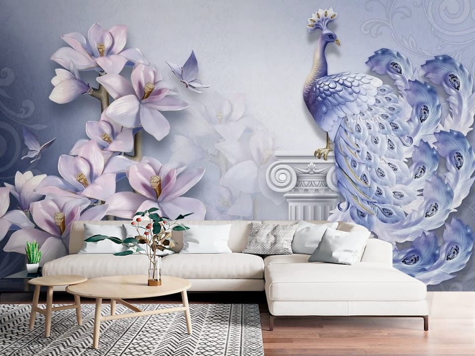Fototapeta z pawiem na klasycznej kolumnie i magnoliami - nowoczesna strefa chillout w salonie