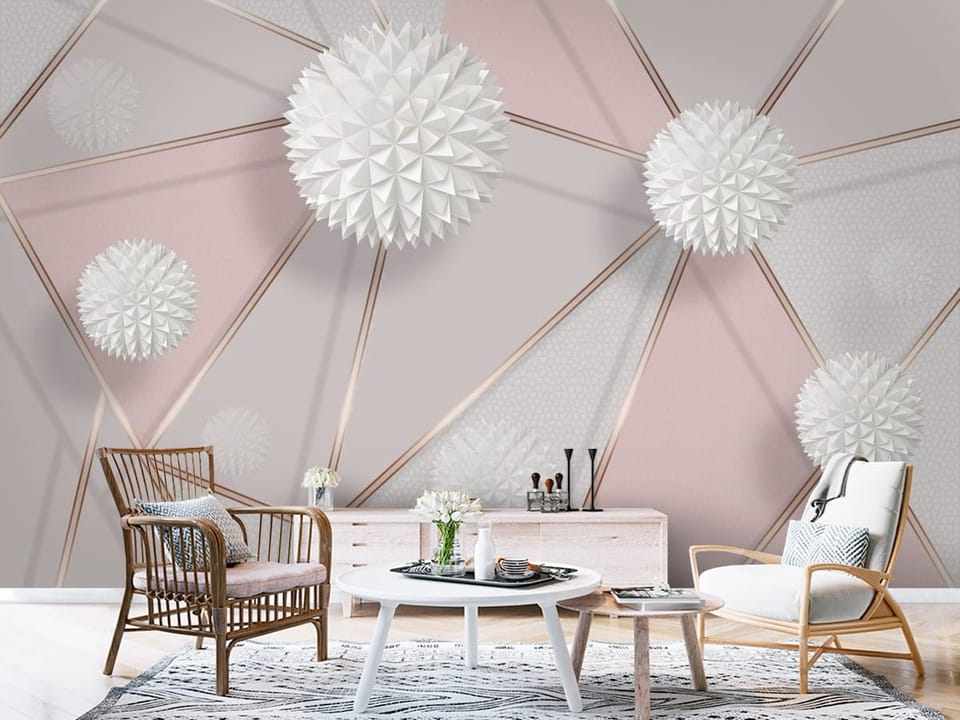 Fototapeta z białymi kulistymi strukturami geometrycznymi na różowym tle - aranżacja przedpokoju w stylu skandynawskim