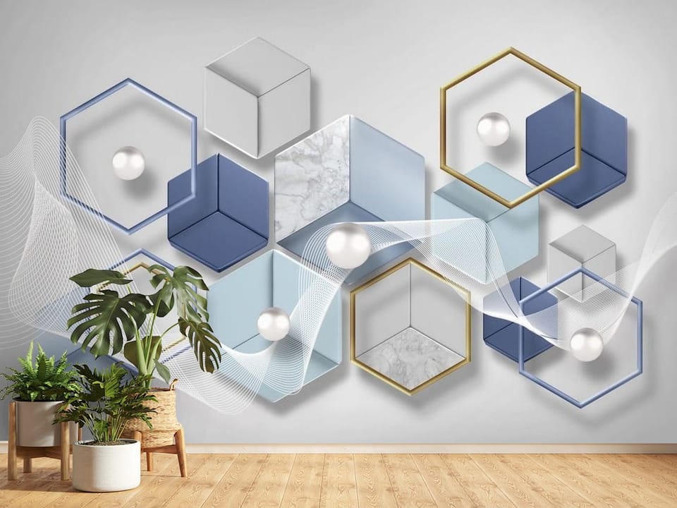 Fototapeta z geometrycznymi kształtami i białymi perłami na szarym tle - ściana w jasnym przedpokoju
