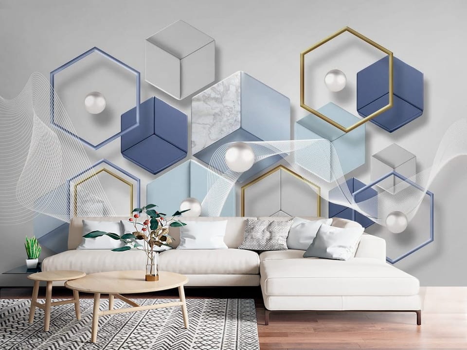 Fototapeta z geometrycznymi kształtami i białymi perłami na szarym tle - nowoczesna strefa chillout w salonie
