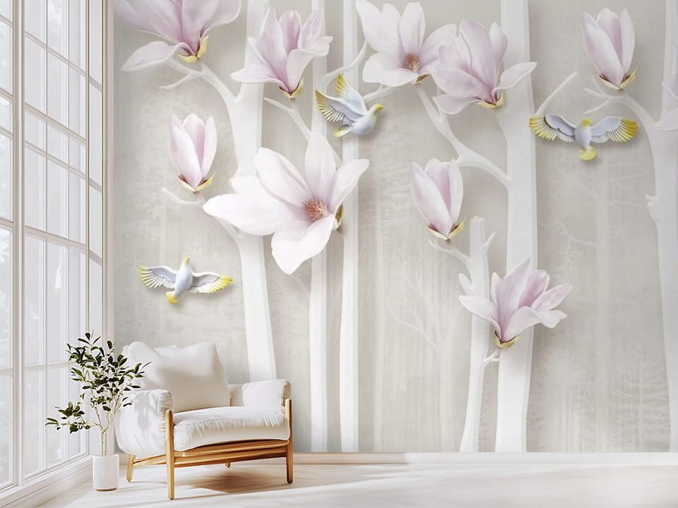 Fototapeta z różowymi kwiatami magnolii na białych gałęziach - pomysłowe wykończenie ściany w przedpokoju