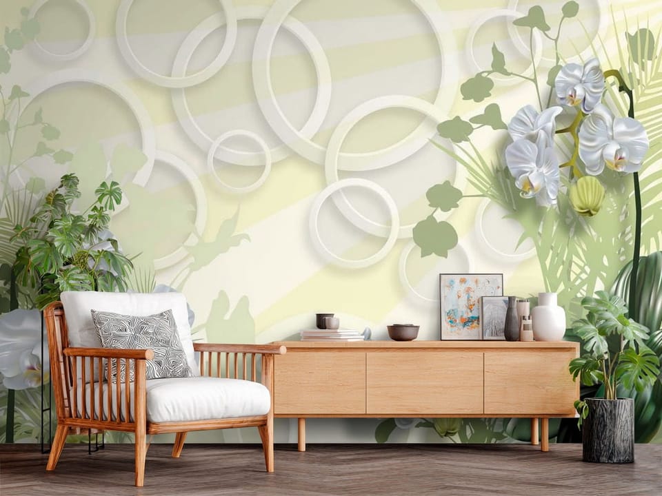 Fototapeta z białymi orchideami i zielonymi liśćmi na pastelowym tle - przytulna strefa w przedpokoju