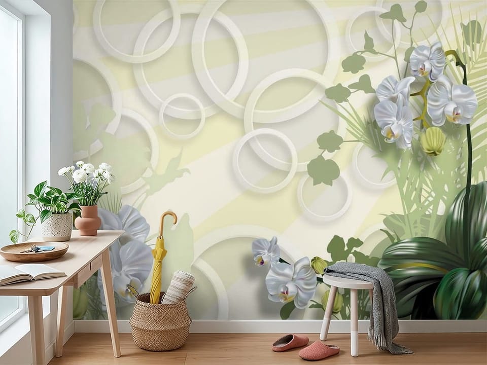 Fototapeta z białymi orchideami i zielonymi liśćmi na pastelowym tle - widok na ścianę w przedpokoju