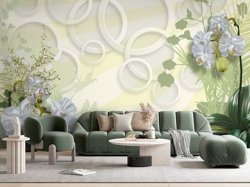 Fototapeta z białymi orchideami i zielonymi liśćmi na pastelowym tle - minimalistyczna przestrzeń z subtelną dekoracją w salonie