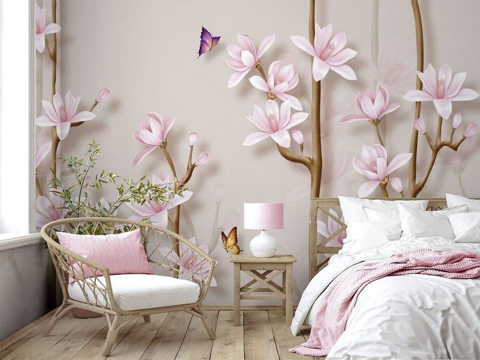 Fototapeta Kwiaty magnolii na gałęziach - aranżacja w sypialni