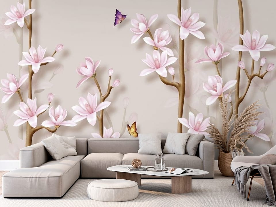 Fototapeta z kwiatami magnolii na brązowych gałęziach i jasnym tle - aranżacja w przytulnym salonie