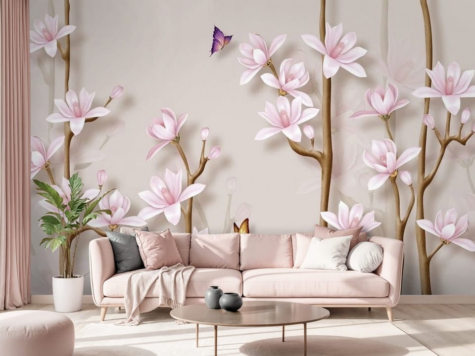 Fototapeta z kwiatami magnolii na brązowych gałęziach i jasnym tle - salon w różowych kolorach
