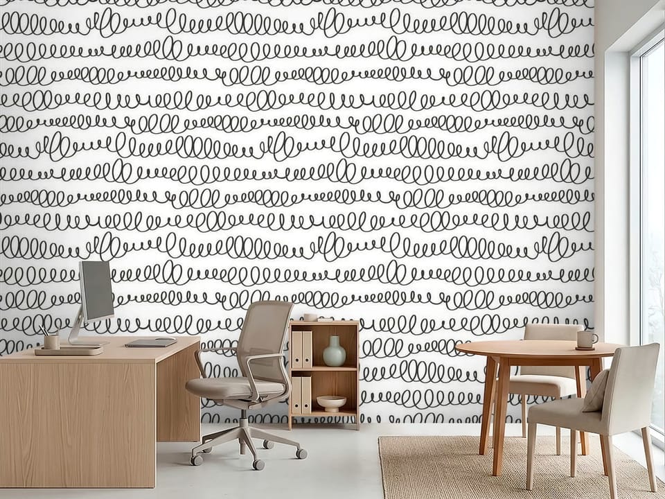 Fototapeta z czarnymi spiralnymi wzorami na białym tle, symetryczne linie - inspiracja do biura w jasnych kolorach
