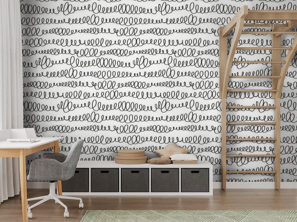 Fototapeta z czarnymi spiralnymi wzorami na białym tle, symetryczne linie - nowoczesny pokój nastolatka z modnym akcentem
