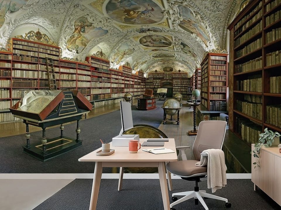 Fototapeta przedstawiająca wielką bibliotekę z regałami, globusami i freskami na suficie - aranżacja jasnego biura z dekoracją ścienną