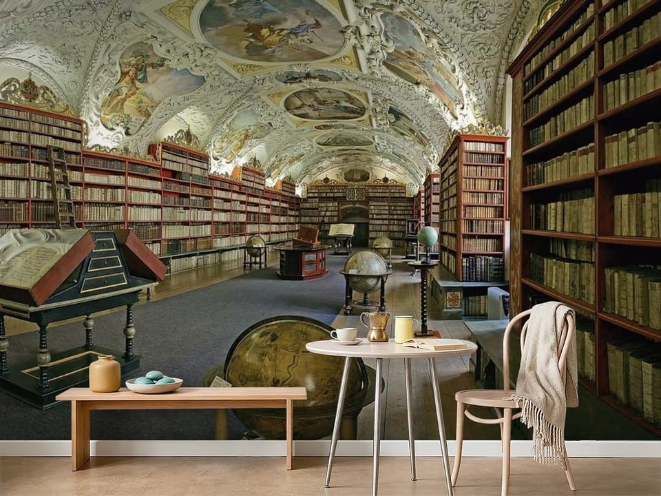 Fototapeta przedstawiająca wielką bibliotekę z regałami, globusami i freskami na suficie - ściana w minimalistycznej kawiarni