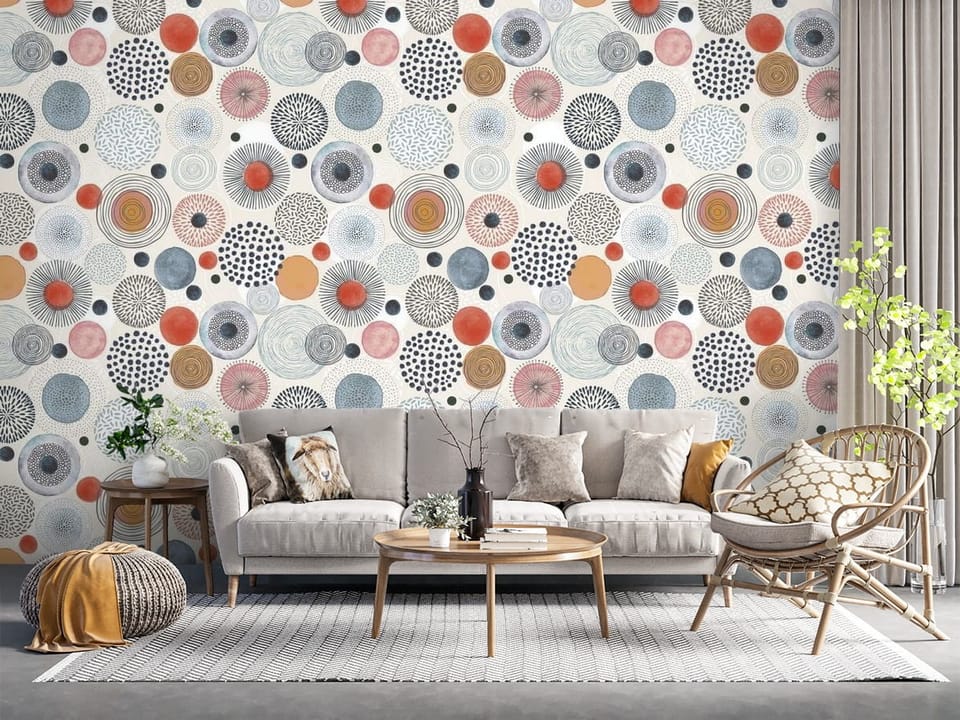 Fototapeta z różnorodnymi okręgami i wzorami geometrycznymi - salon z naturalnymi dodatkami