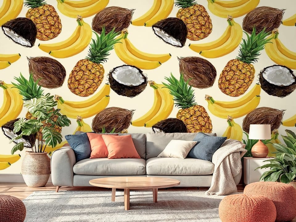 Fototapeta z bananami, ananasami i kokosami na jasnym tle - nasłoneczniony salon