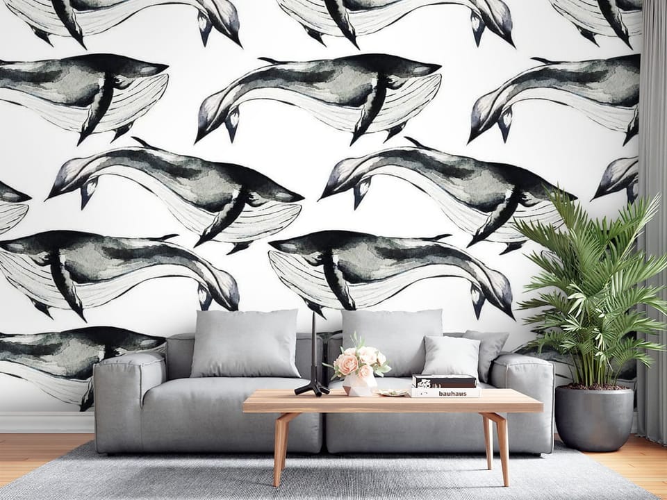 Fototapeta z minimalistycznym wzorem wielorybów na białym tle - salon z tradycyjnymi meblami w jasnych kolorach